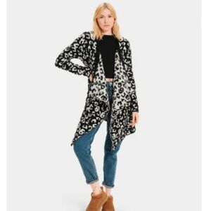 UGG Phoebe Wrap Knit Draped Cardigan Black/Cream Leopard Women’s Size Small